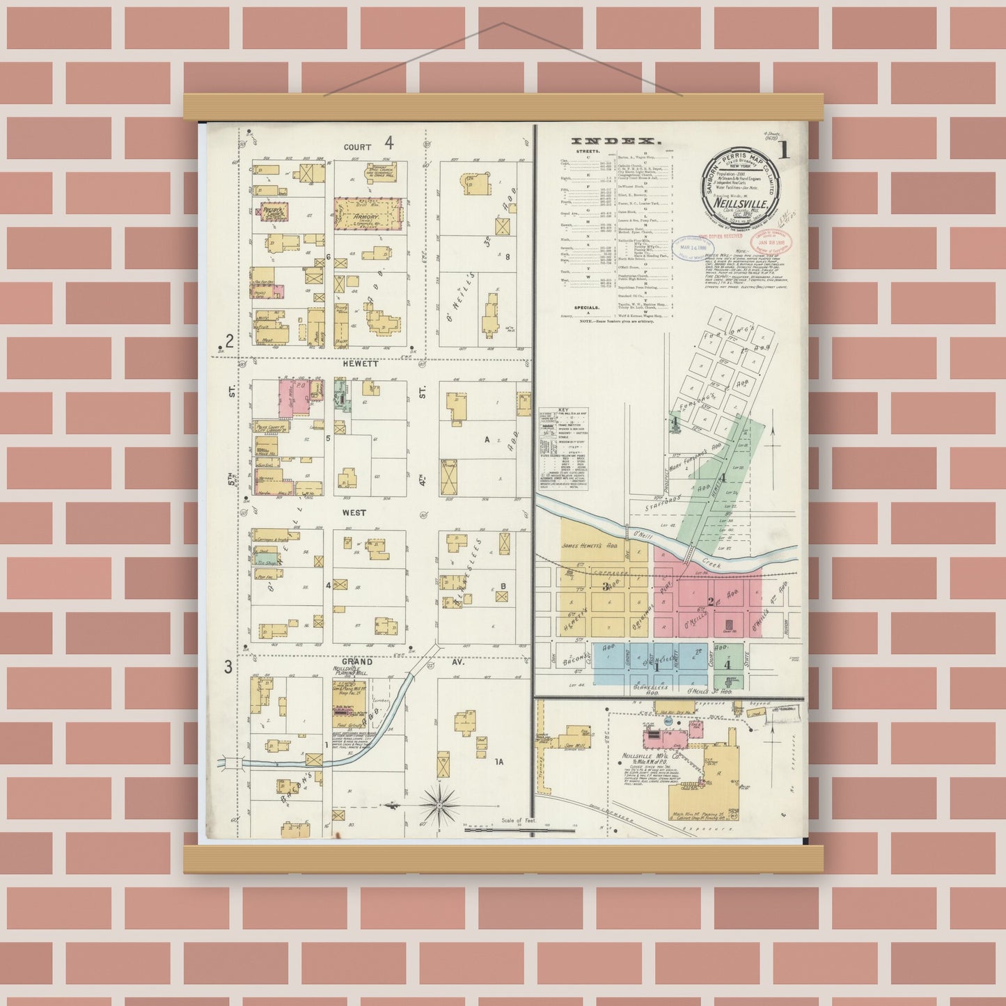 Old map wall art mockup — magnetic wood frame on brick wall — Sanborn Fire Insurance Map from Neillsville, Clark County, Wisconsin (1897) - Complete Map Set