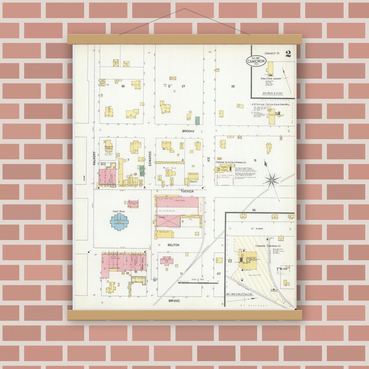Old map wall art mockup — magnetic wood frame on brick wall — Sanborn Fire Insurance Map from Cameron, Milam County, Texas (1901), Sheet #0002