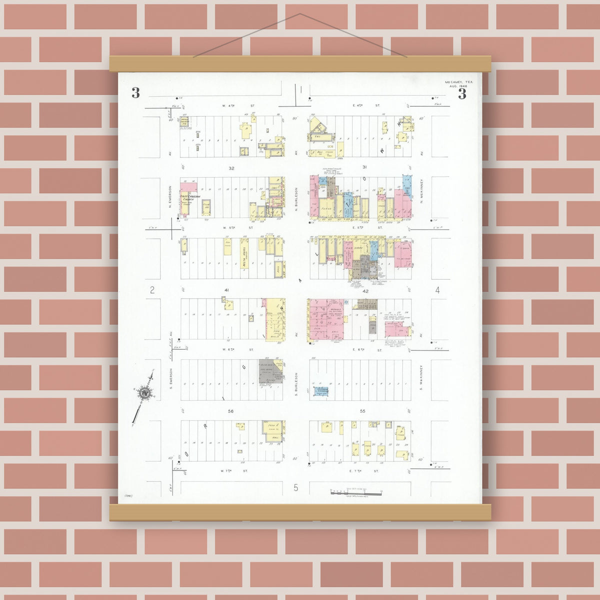 Old map wall art mockup — magnetic wood frame on brick wall — Sanborn Fire Insurance Map from McCamey, Upton County, Texas (1946), Sheet #0003