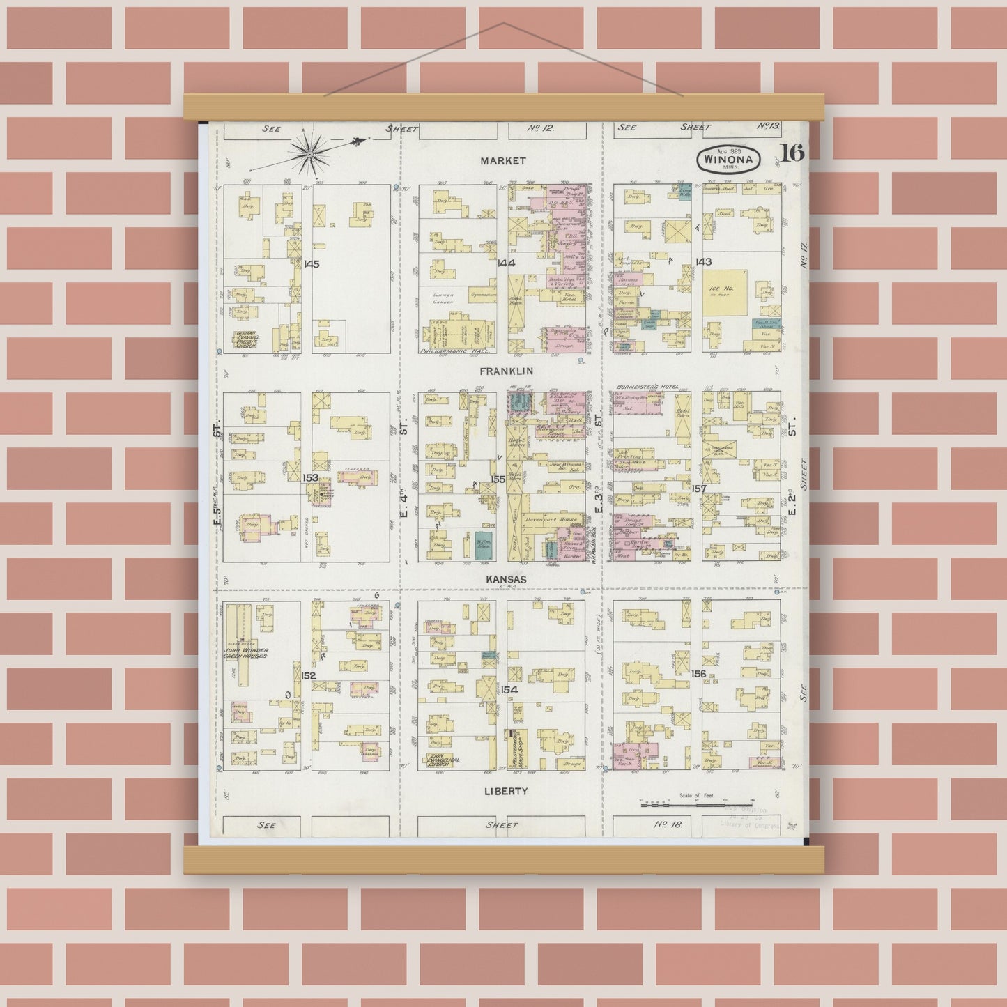 Old map wall art mockup — magnetic wood frame on brick wall — Sanborn Fire Insurance Map from Winona, Winona County, Minnesota (1889), Sheet #0016