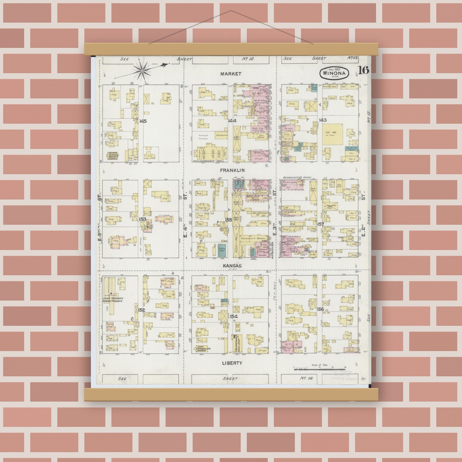 Old map wall art mockup — magnetic wood frame on brick wall — Sanborn Fire Insurance Map from Winona, Winona County, Minnesota (1889), Sheet #0016