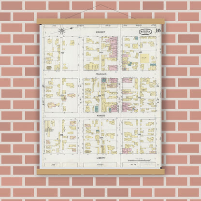 Old map wall art mockup — magnetic wood frame on brick wall — Sanborn Fire Insurance Map from Winona, Winona County, Minnesota (1889), Sheet #0016