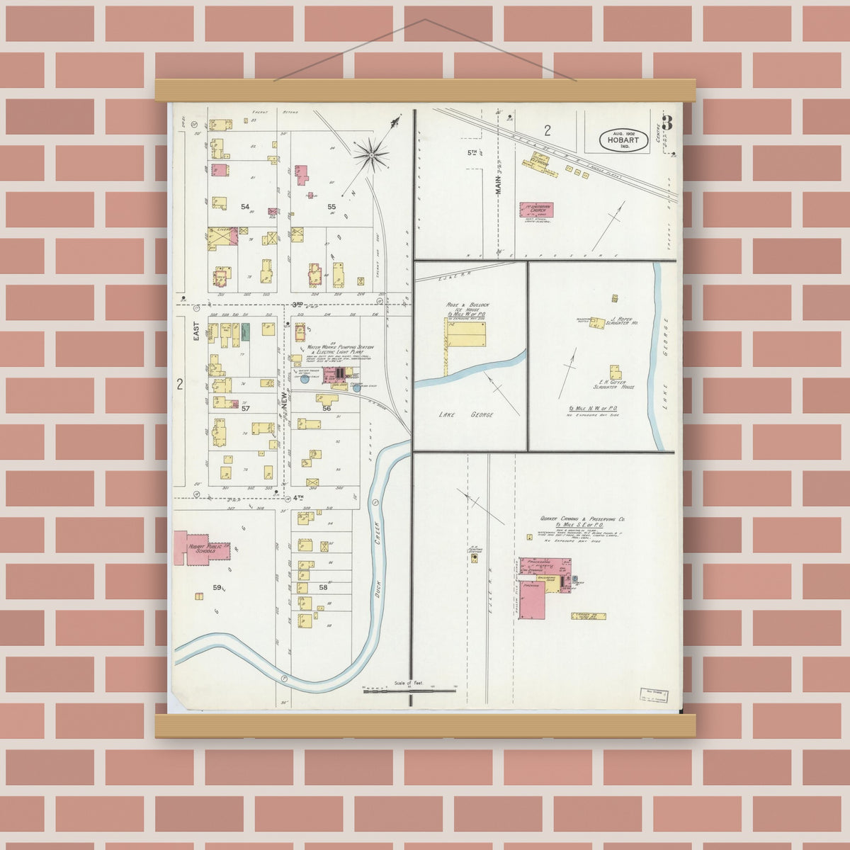 Old map wall art mockup — magnetic wood frame on brick wall — Sanborn Fire Insurance Map from Hobart, Lake County, Indiana (1902), Sheet #0003