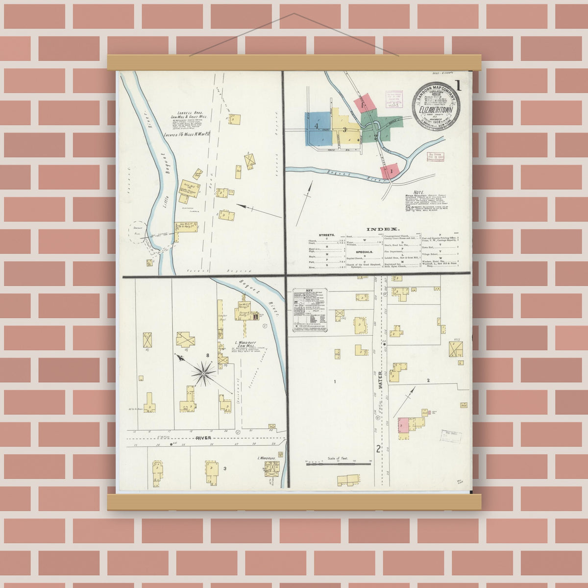 Old map wall art mockup — magnetic wood frame on brick wall — Sanborn Fire Insurance Map from Elizabethtown, Essex County, New York (1906), Sheet #0001