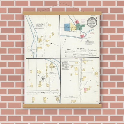 Old map wall art mockup — magnetic wood frame on brick wall — Sanborn Fire Insurance Map from Elizabethtown, Essex County, New York (1906), Sheet #0001