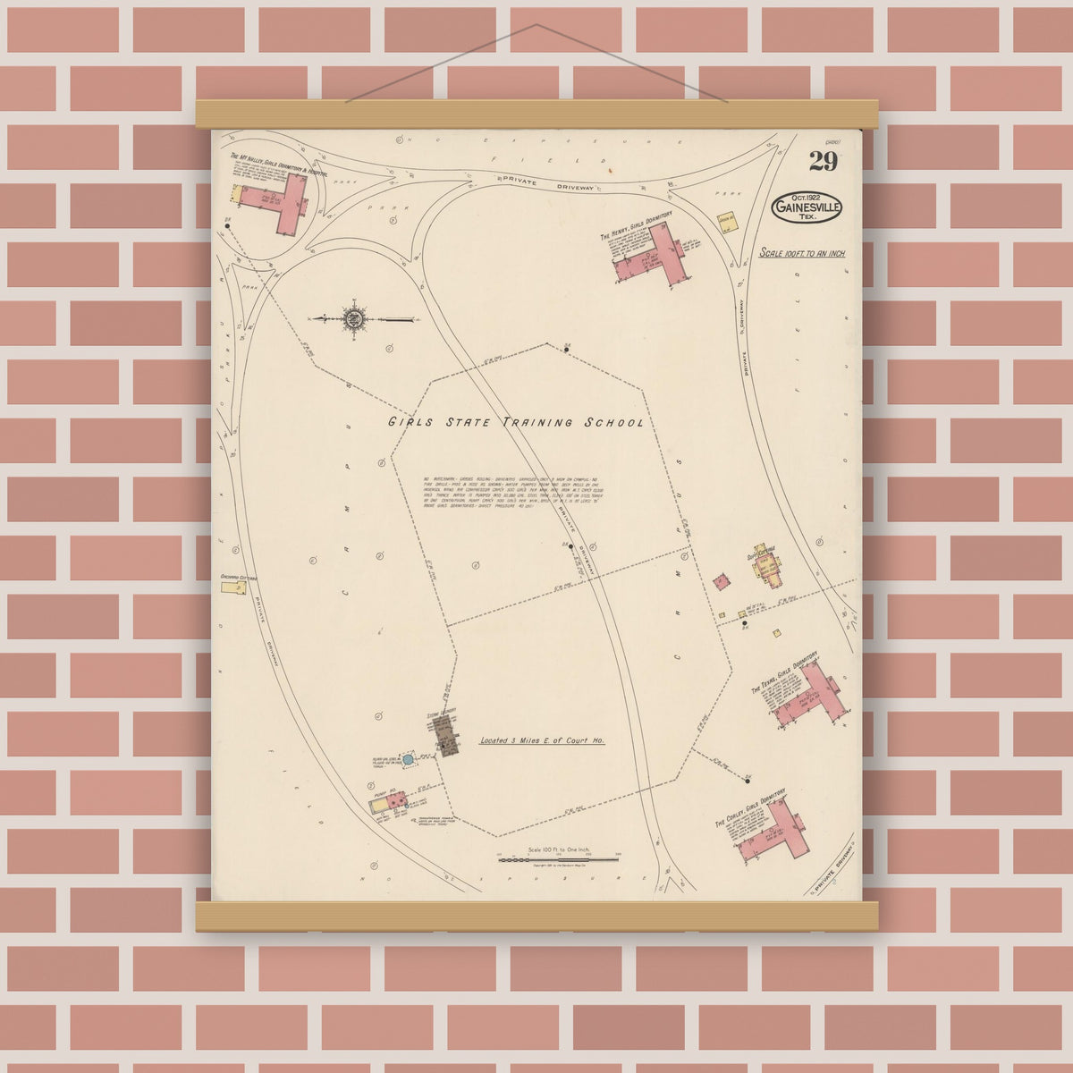 Old map wall art mockup — magnetic wood frame on brick wall — Sanborn Fire Insurance Map from Gainesville, Cooke County, Texas (1922), Sheet #0029
