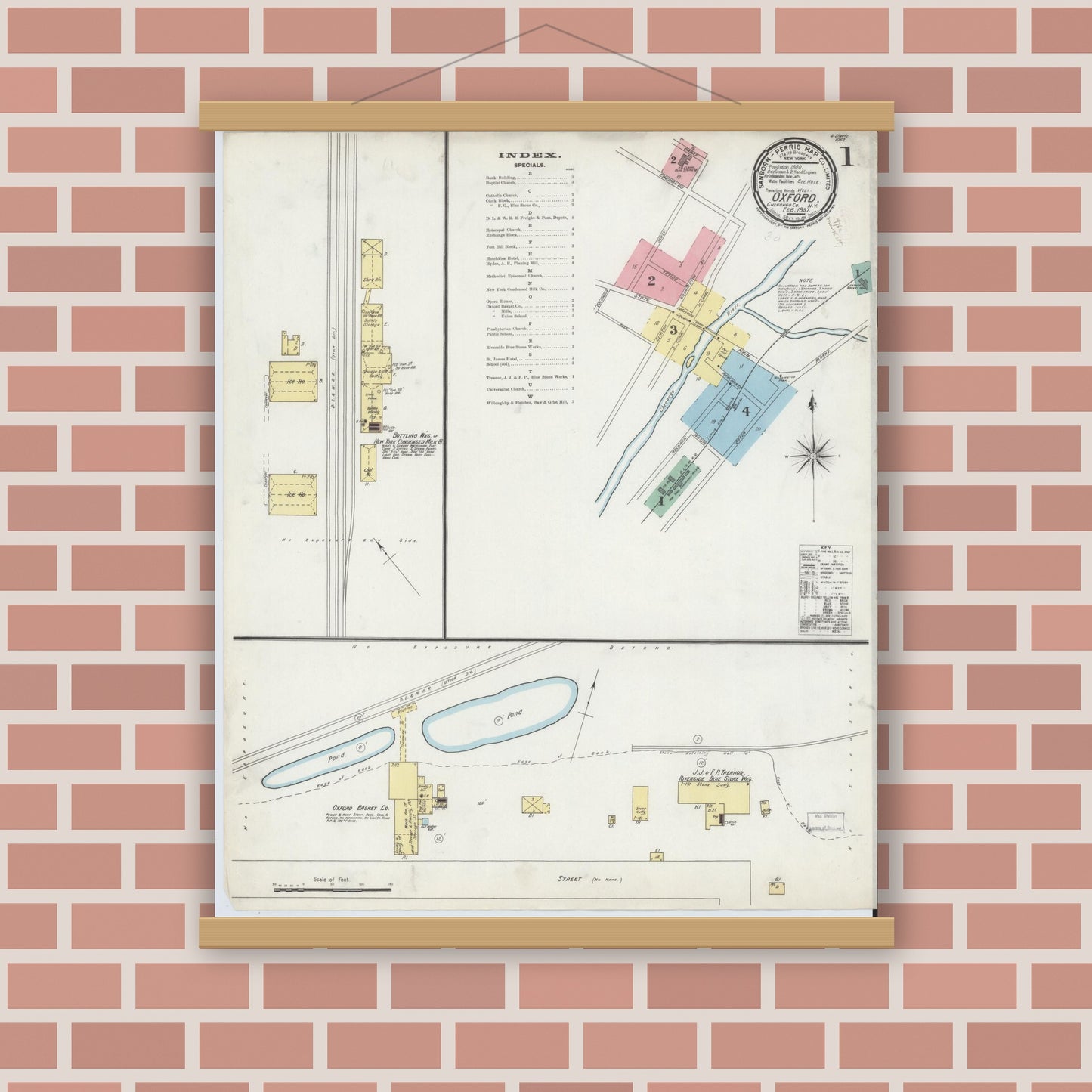 Old map wall art mockup — magnetic wood frame on brick wall — Sanborn Fire Insurance Map from Oxford, Chenango County, New York (1897) - Complete Map Set