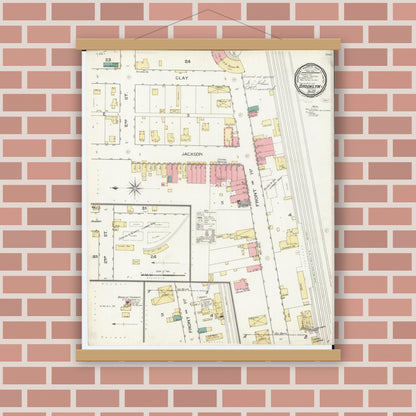 Old map wall art mockup — magnetic wood frame on brick wall — Sanborn Fire Insurance Map from Brooklyn, Poweshiek County, Iowa (1894), Sheet #0001