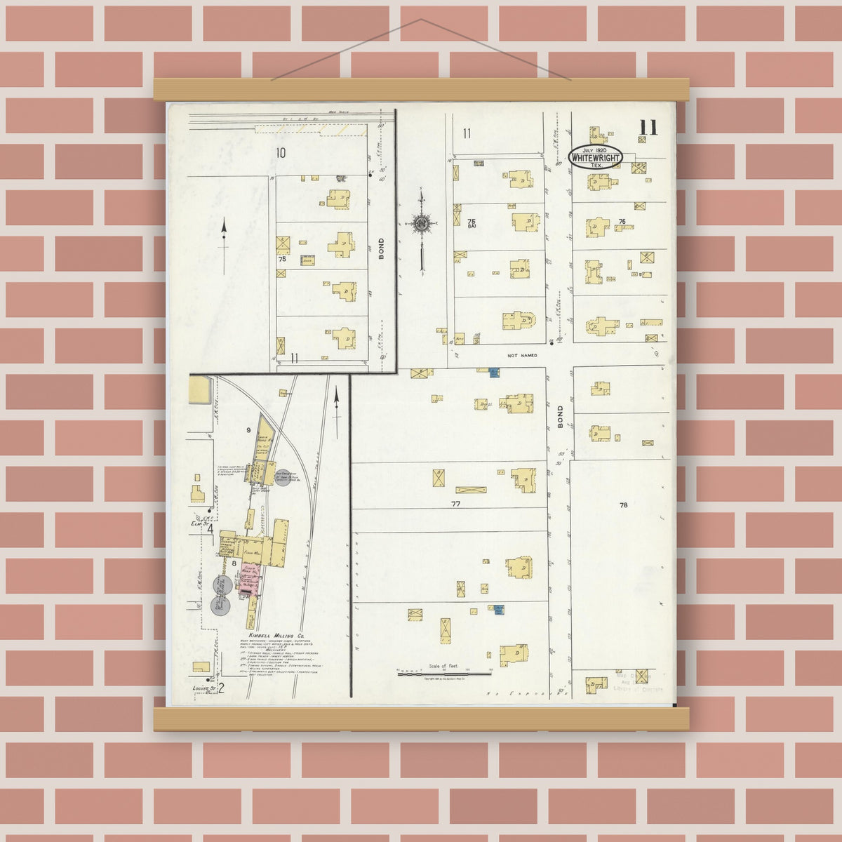 Old map wall art mockup — magnetic wood frame on brick wall — Sanborn Fire Insurance Map from Whitewright, Grayson County, Texas (1920), Sheet #0011