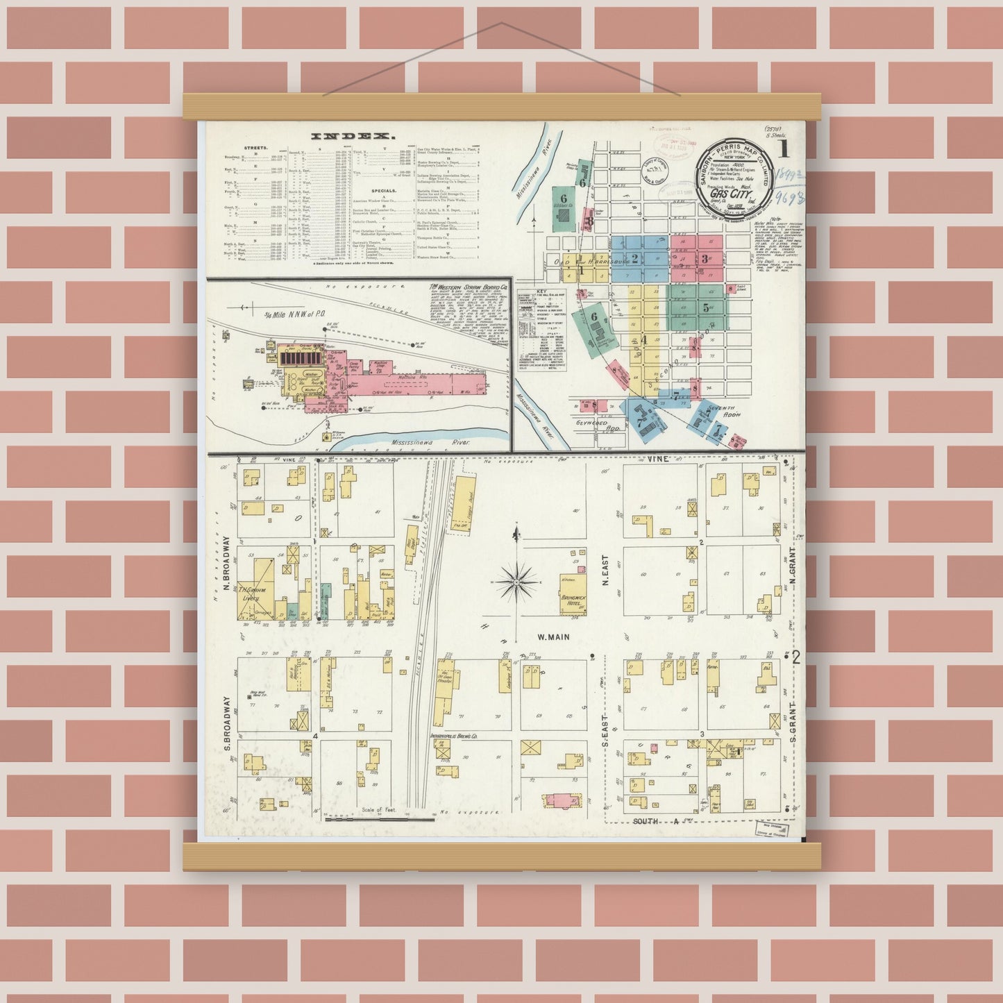 Old map wall art mockup — magnetic wood frame on brick wall — Sanborn Fire Insurance Map from Gas City, Grant County, Indiana (1898), Sheet #0001
