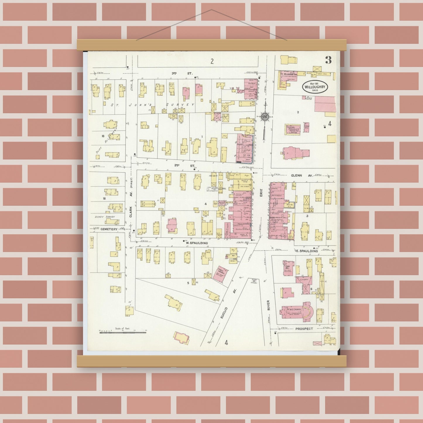 Old map wall art mockup — magnetic wood frame on brick wall — Sanborn Fire Insurance Map from Willoughby, Lake County, Ohio (1911), Sheet #0003