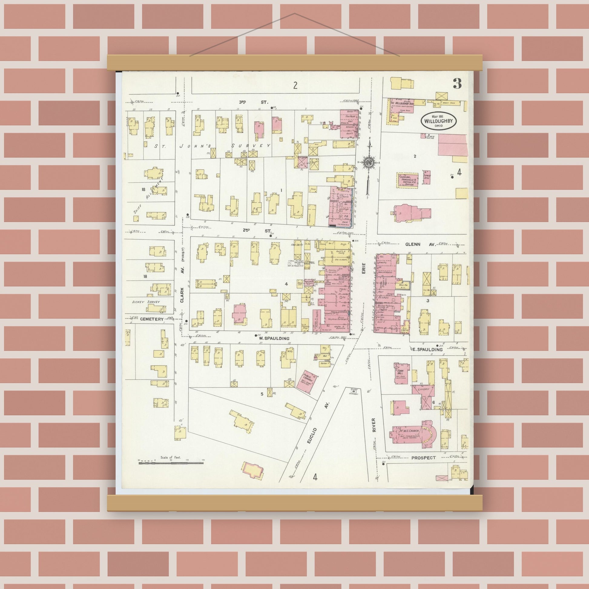 Old map wall art mockup — magnetic wood frame on brick wall — Sanborn Fire Insurance Map from Willoughby, Lake County, Ohio (1911), Sheet #0003