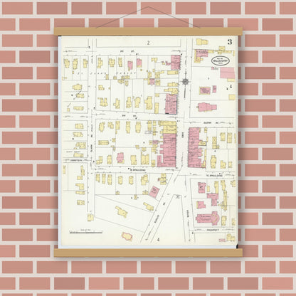 Old map wall art mockup — magnetic wood frame on brick wall — Sanborn Fire Insurance Map from Willoughby, Lake County, Ohio (1911), Sheet #0003