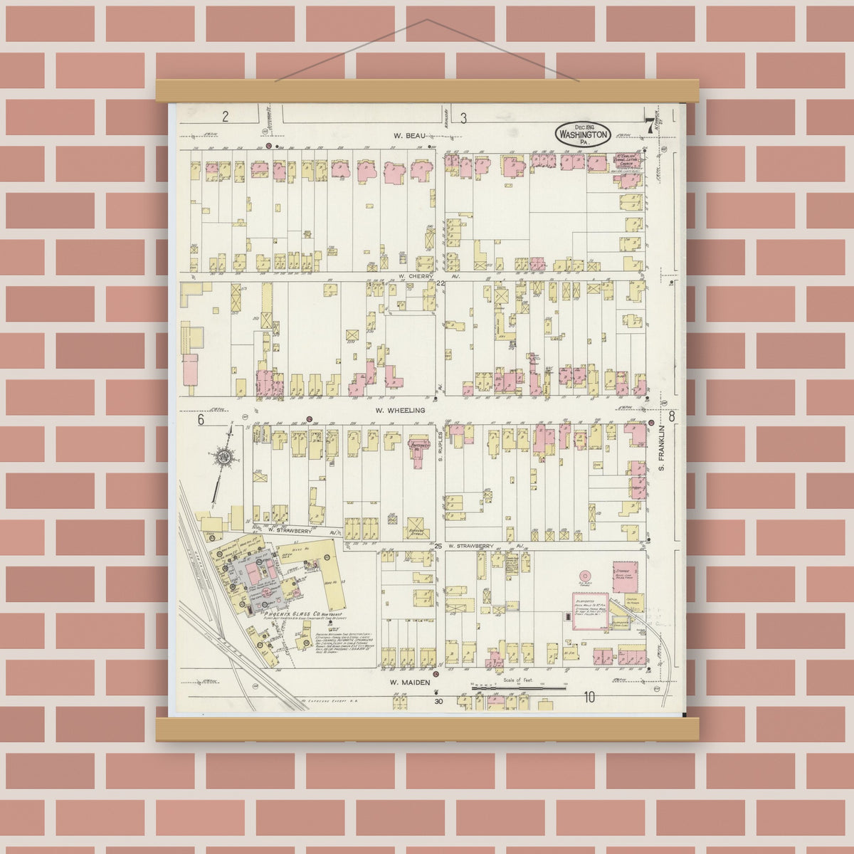 Old map wall art mockup — magnetic wood frame on brick wall — Sanborn Fire Insurance Map from Washington, Washington County, Pennsylvania (1914), Sheet #0007