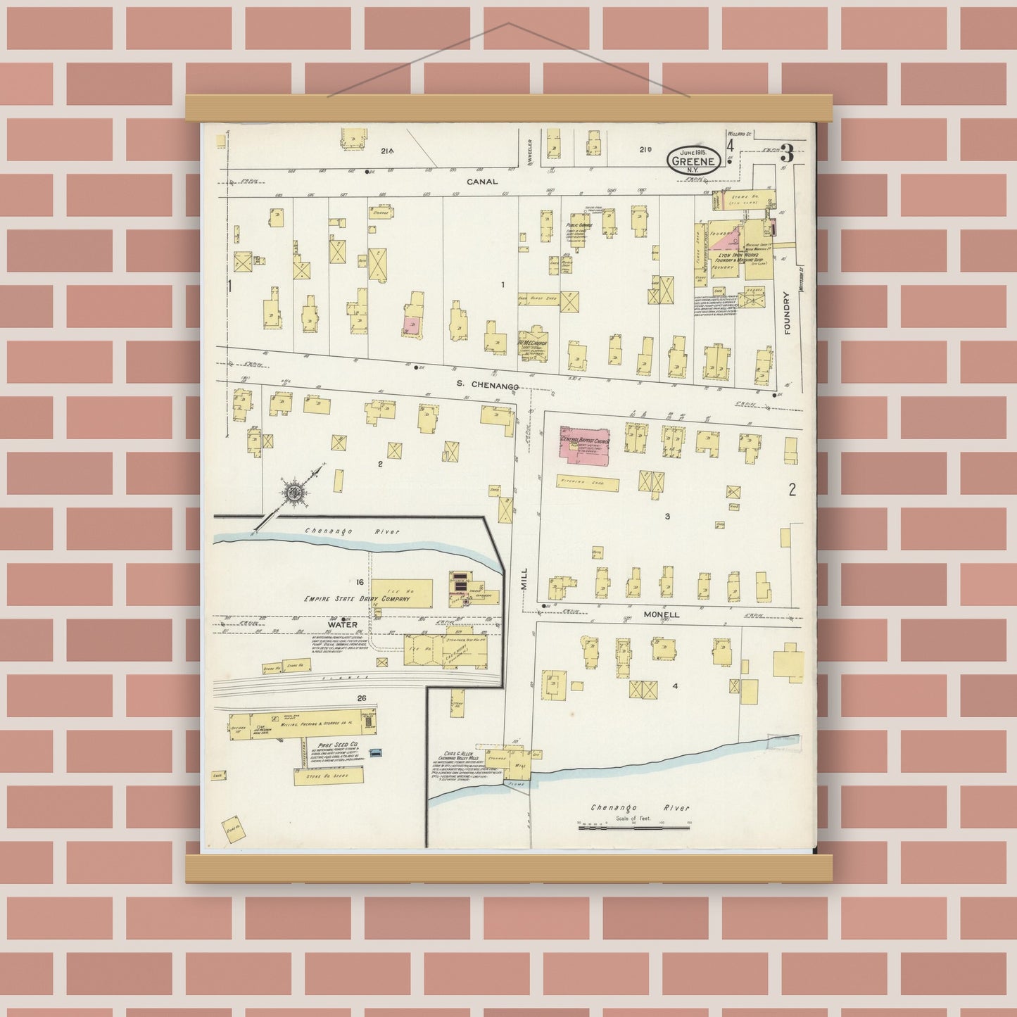 Old map wall art mockup — magnetic wood frame on brick wall — Sanborn Fire Insurance Map from Greene, Chenango County, New York (1915), Sheet #0003