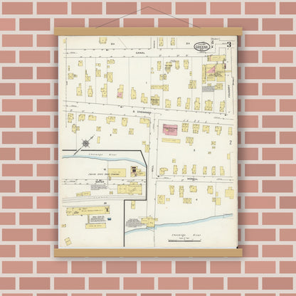 Old map wall art mockup — magnetic wood frame on brick wall — Sanborn Fire Insurance Map from Greene, Chenango County, New York (1915), Sheet #0003