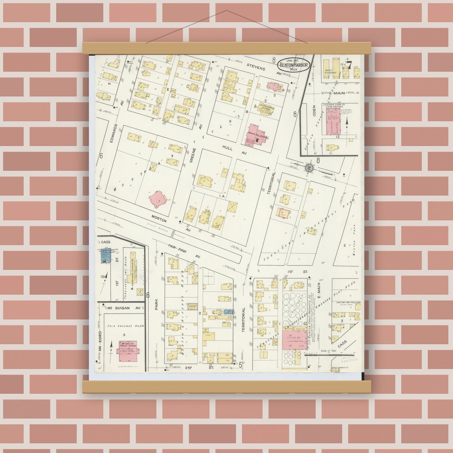 Old map wall art mockup — magnetic wood frame on brick wall — Sanborn Fire Insurance Map from Benton Harbor, Berrien County, Michigan (1917), Sheet #0007