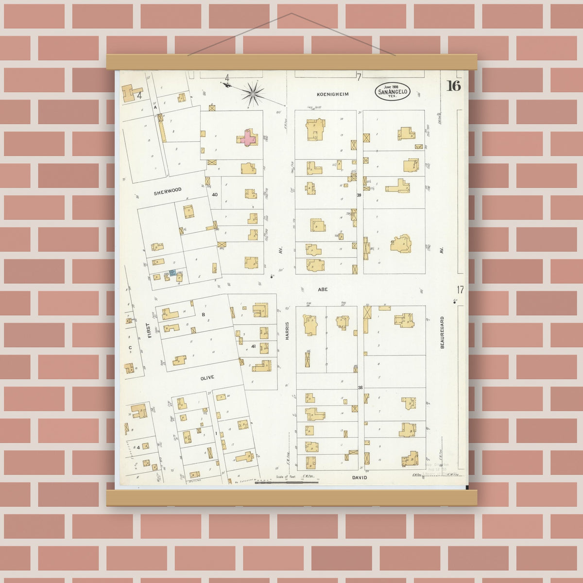 Old map wall art mockup — magnetic wood frame on brick wall — Sanborn Fire Insurance Map from San Angelo, Tom Green County, Texas (1908), Sheet #0016