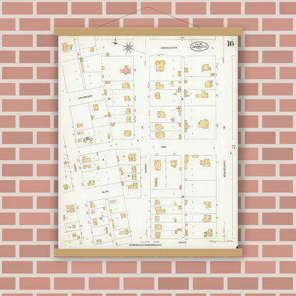 Old map wall art mockup — magnetic wood frame on brick wall — Sanborn Fire Insurance Map from San Angelo, Tom Green County, Texas (1908), Sheet #0016