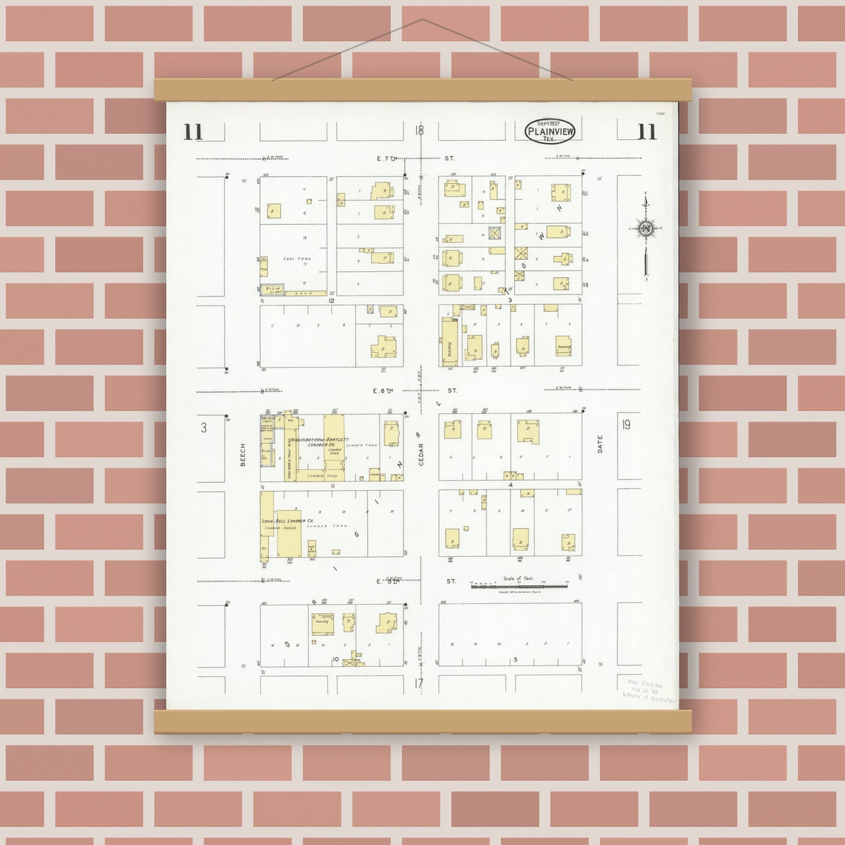 Old map wall art mockup — magnetic wood frame on brick wall — Sanborn Fire Insurance Map from Plainview, Hale County, Texas (1927), Sheet #0011
