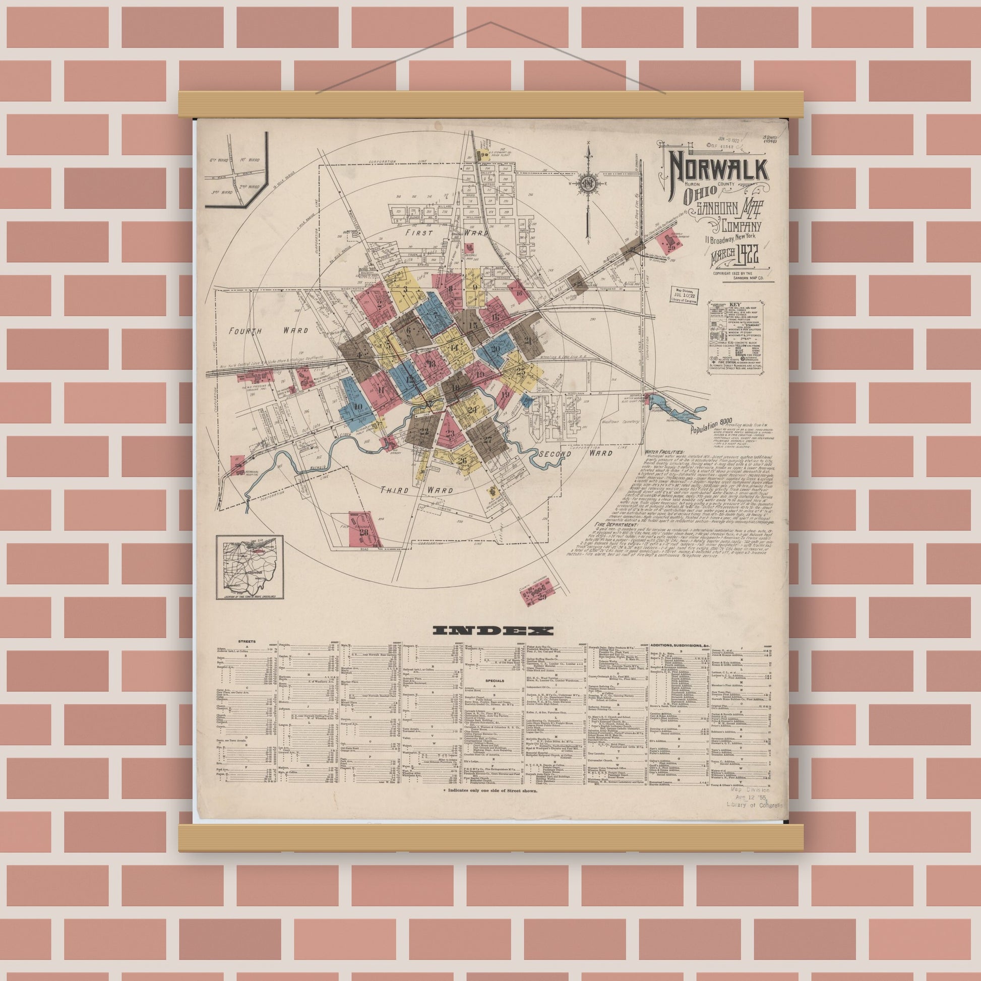 Old map wall art mockup — magnetic wood frame on brick wall — Sanborn Fire Insurance Map from Norwalk, Huron County, Ohio (1922) - Complete Map Set