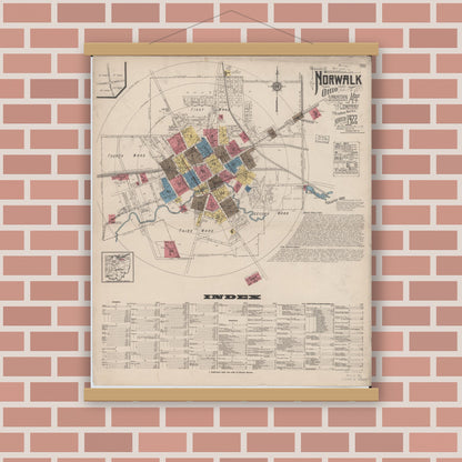 Old map wall art mockup — magnetic wood frame on brick wall — Sanborn Fire Insurance Map from Norwalk, Huron County, Ohio (1922) - Complete Map Set