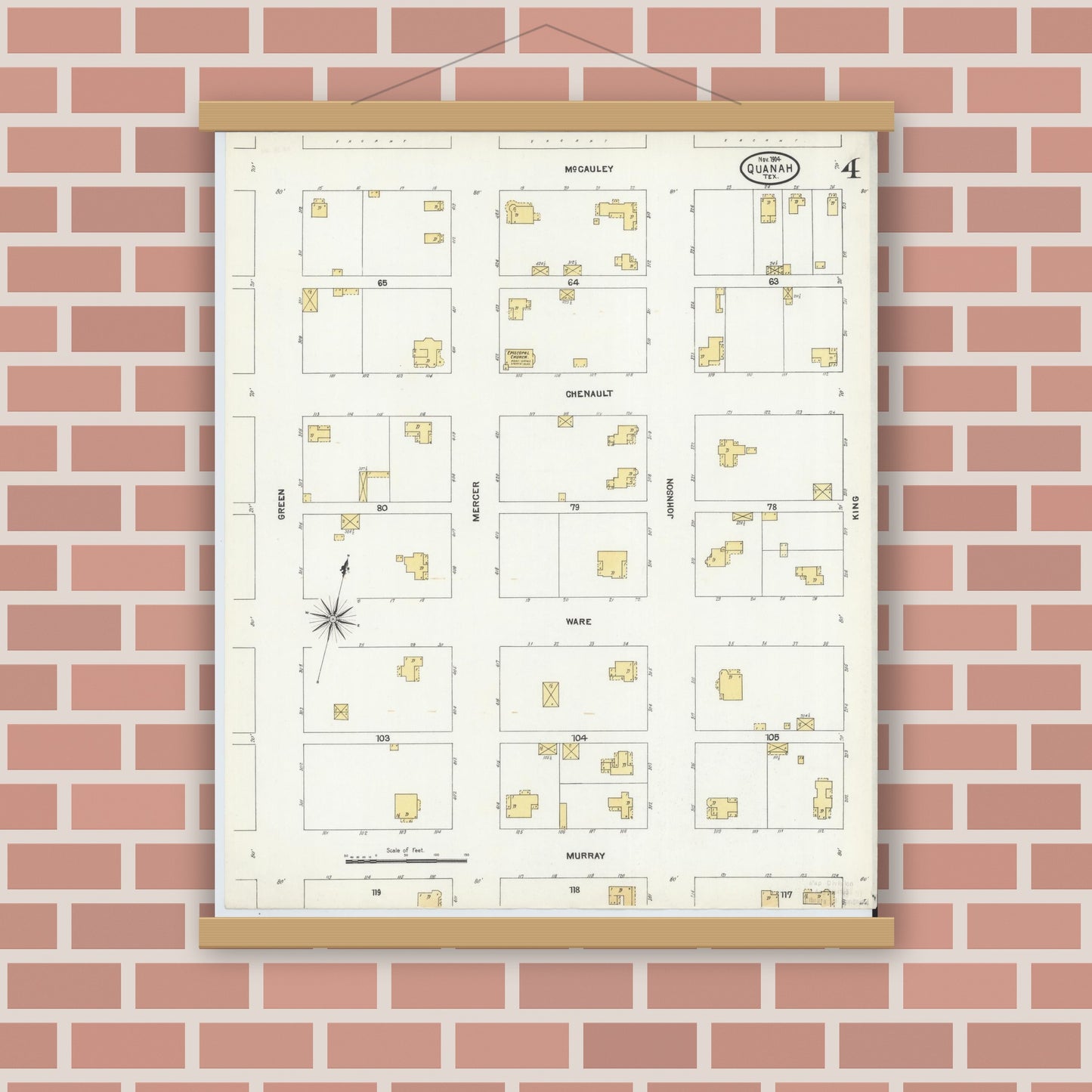 Old map wall art mockup — magnetic wood frame on brick wall — Sanborn Fire Insurance Map from Quanah, Hardeman County, Texas (1904), Sheet #0004