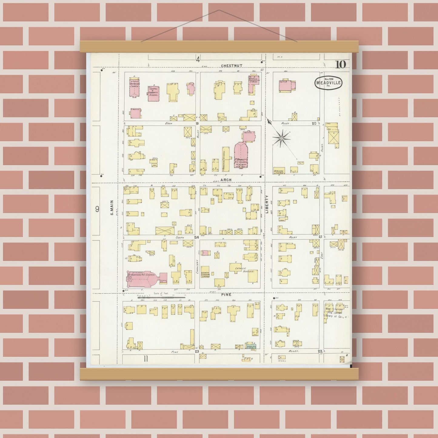 Old map wall art mockup — magnetic wood frame on brick wall — Sanborn Fire Insurance Map from Meadville, Crawford County, Pennsylvania (1896), Sheet #0010