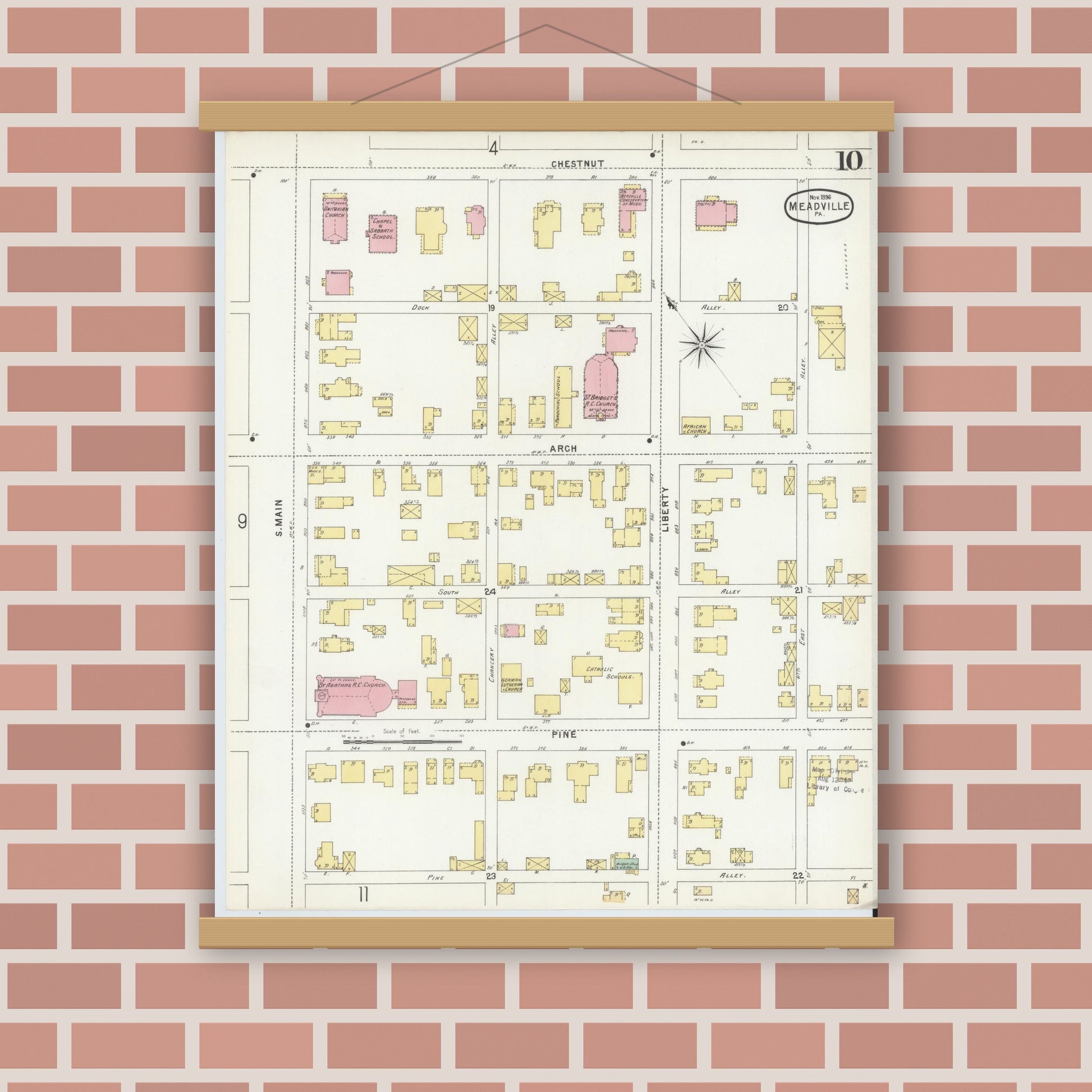 Old map wall art mockup — magnetic wood frame on brick wall — Sanborn Fire Insurance Map from Meadville, Crawford County, Pennsylvania (1896), Sheet #0010