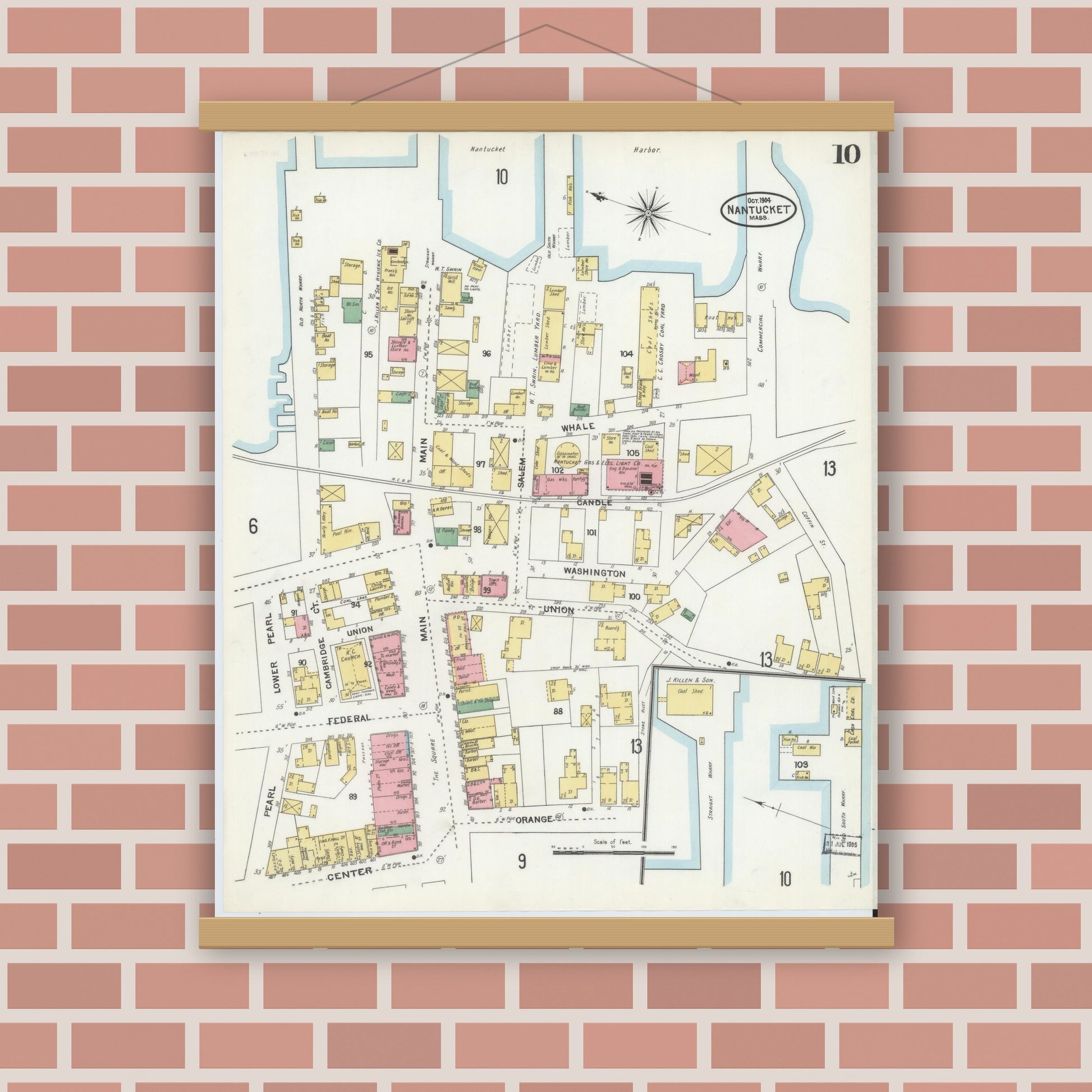 Old map wall art mockup — magnetic wood frame on brick wall — Sanborn Fire Insurance Map from Nantucket, Nantucket County, Massachusetts (1904), Sheet #0010