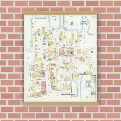 Old map wall art mockup — magnetic wood frame on brick wall — Sanborn Fire Insurance Map from Nantucket, Nantucket County, Massachusetts (1904), Sheet #0010