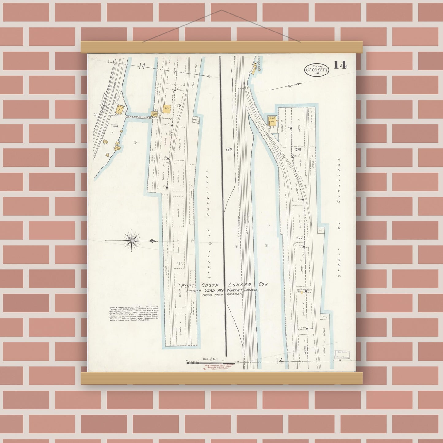 Old map wall art mockup — magnetic wood frame on brick wall — Sanborn Fire Insurance Map from Crockett, Contra Costa County, California (1906), Sheet #0014