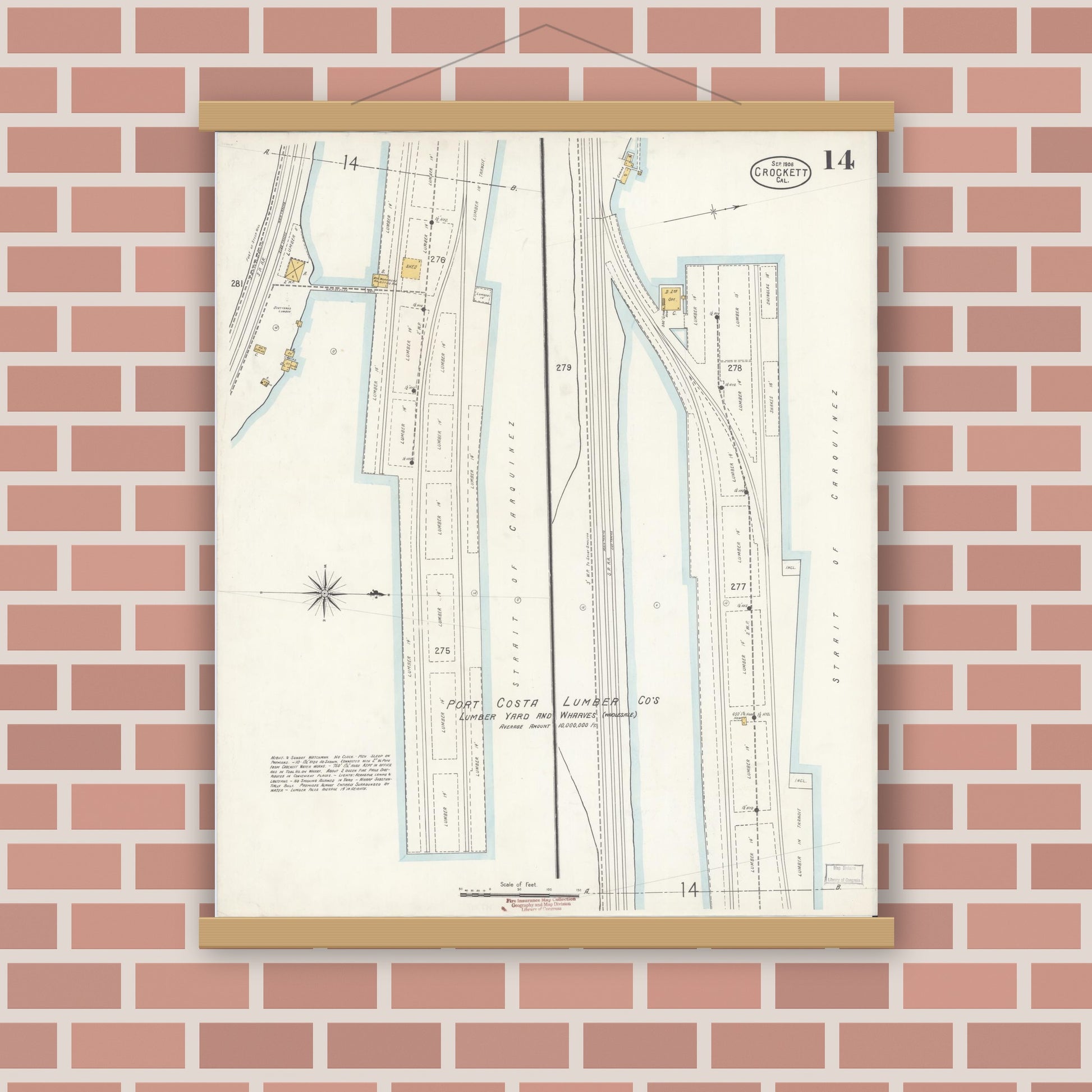 Old map wall art mockup — magnetic wood frame on brick wall — Sanborn Fire Insurance Map from Crockett, Contra Costa County, California (1906), Sheet #0014