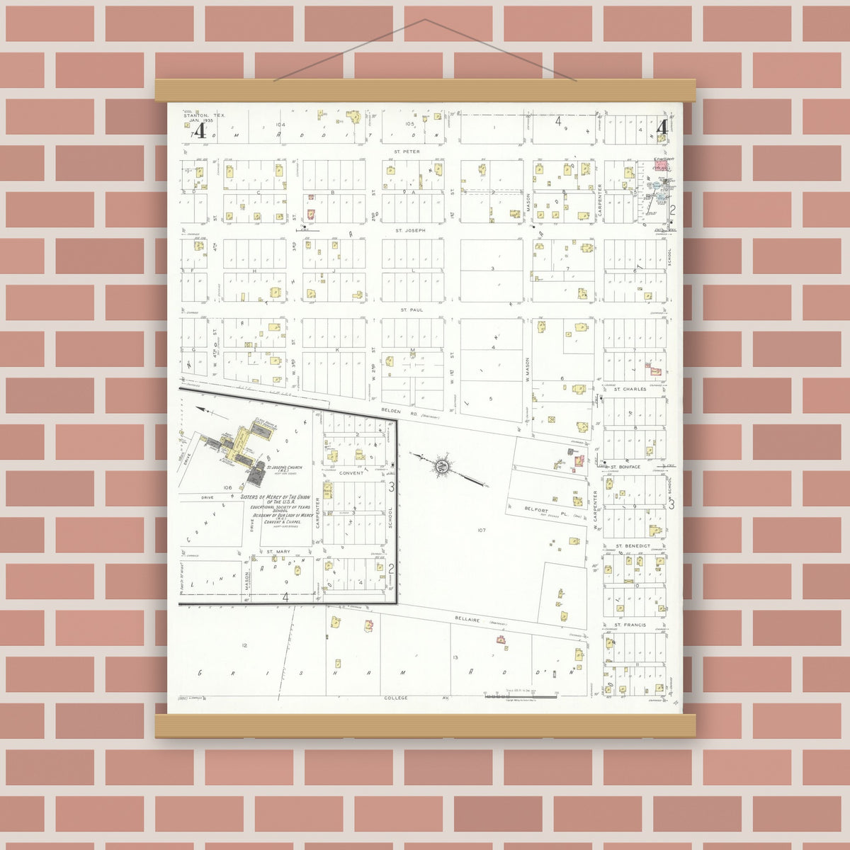 Old map wall art mockup — magnetic wood frame on brick wall — Sanborn Fire Insurance Map from Stanton, Martin County, Texas (1935), Sheet #0004