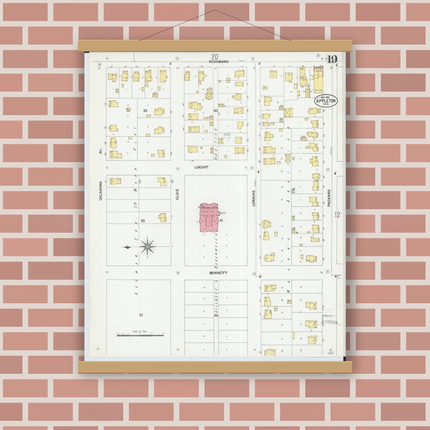 Old map wall art mockup — magnetic wood frame on brick wall — Sanborn Fire Insurance Map from Appleton, Outagamie County, Wisconsin (1901), Sheet #0019