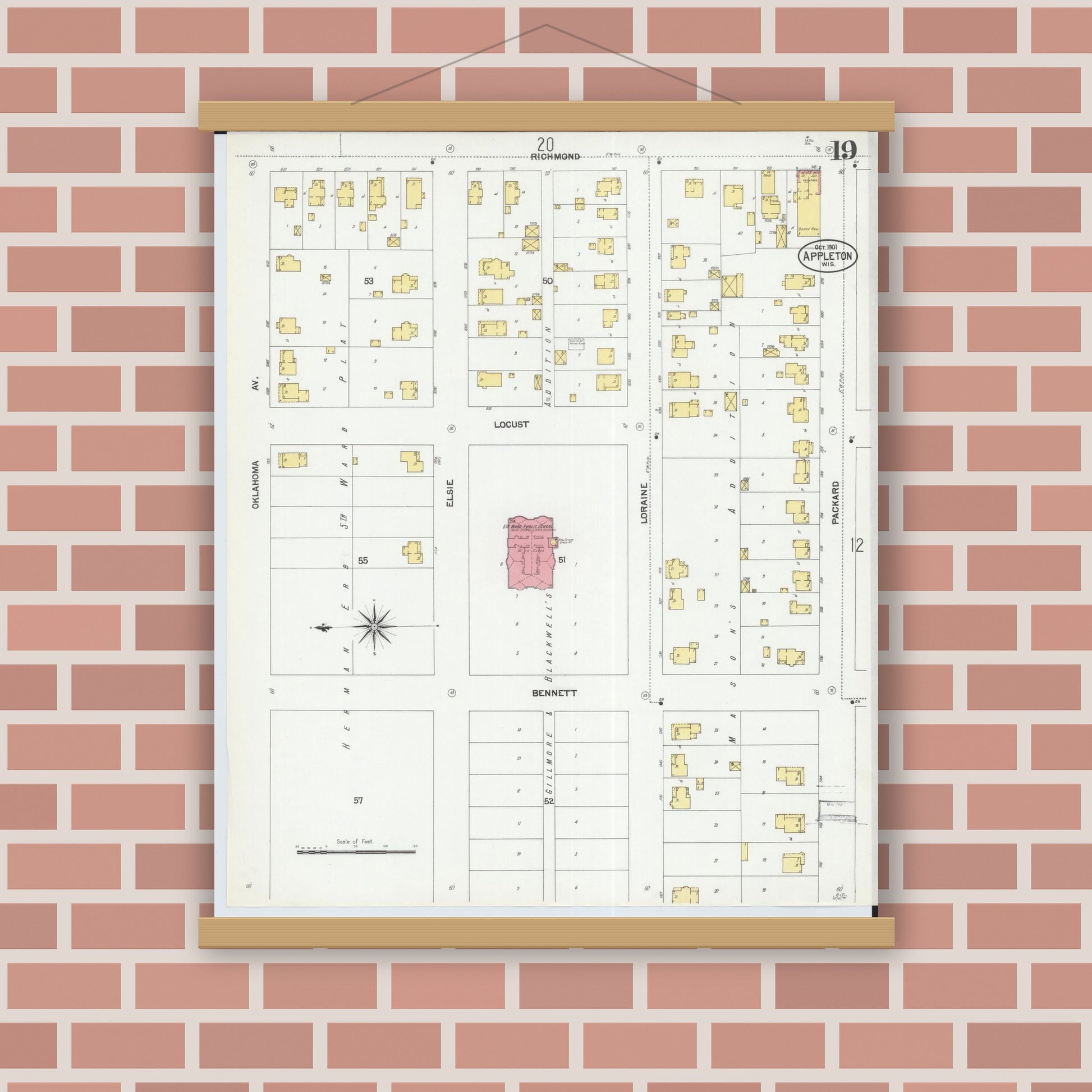 Old map wall art mockup — magnetic wood frame on brick wall — Sanborn Fire Insurance Map from Appleton, Outagamie County, Wisconsin (1901), Sheet #0019