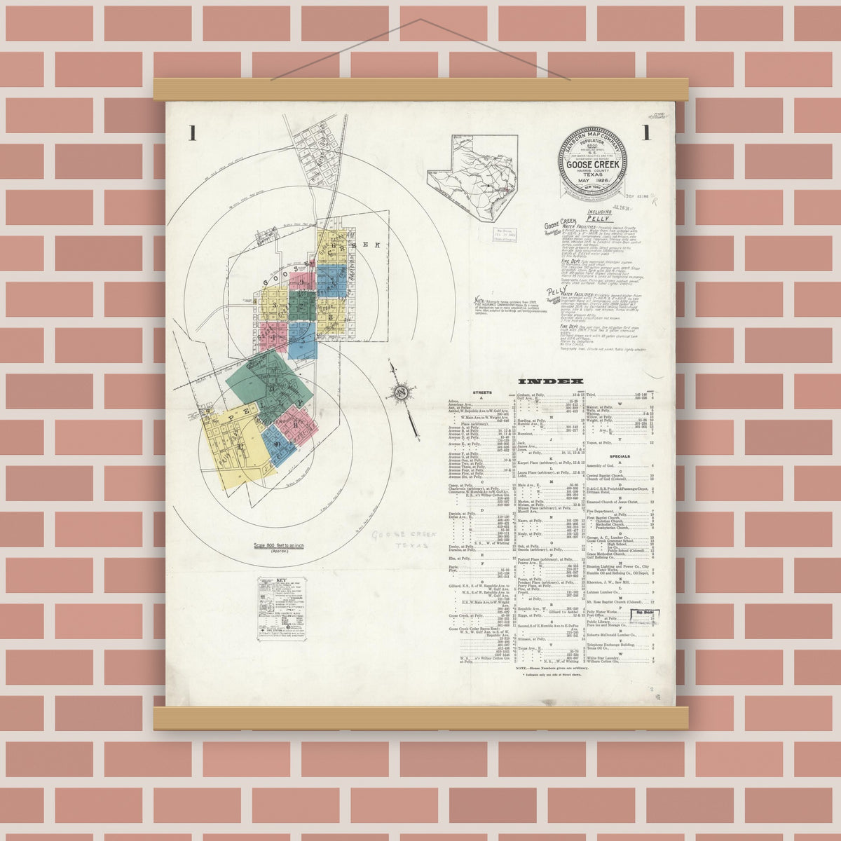 Old map wall art mockup — magnetic wood frame on brick wall — Sanborn Fire Insurance Map from Goose Creek, Harris County, Texas (1926), Sheet #0001
