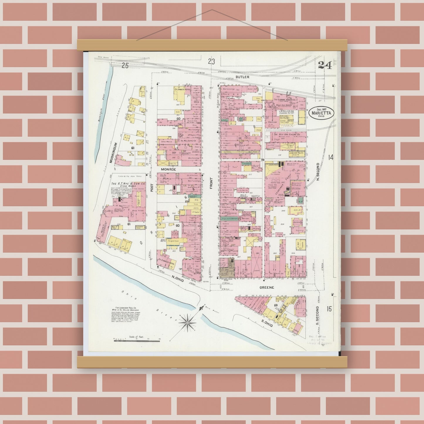 Old map wall art mockup — magnetic wood frame on brick wall — Sanborn Fire Insurance Map from Marietta, Washington County, Ohio (1907), Sheet #0024