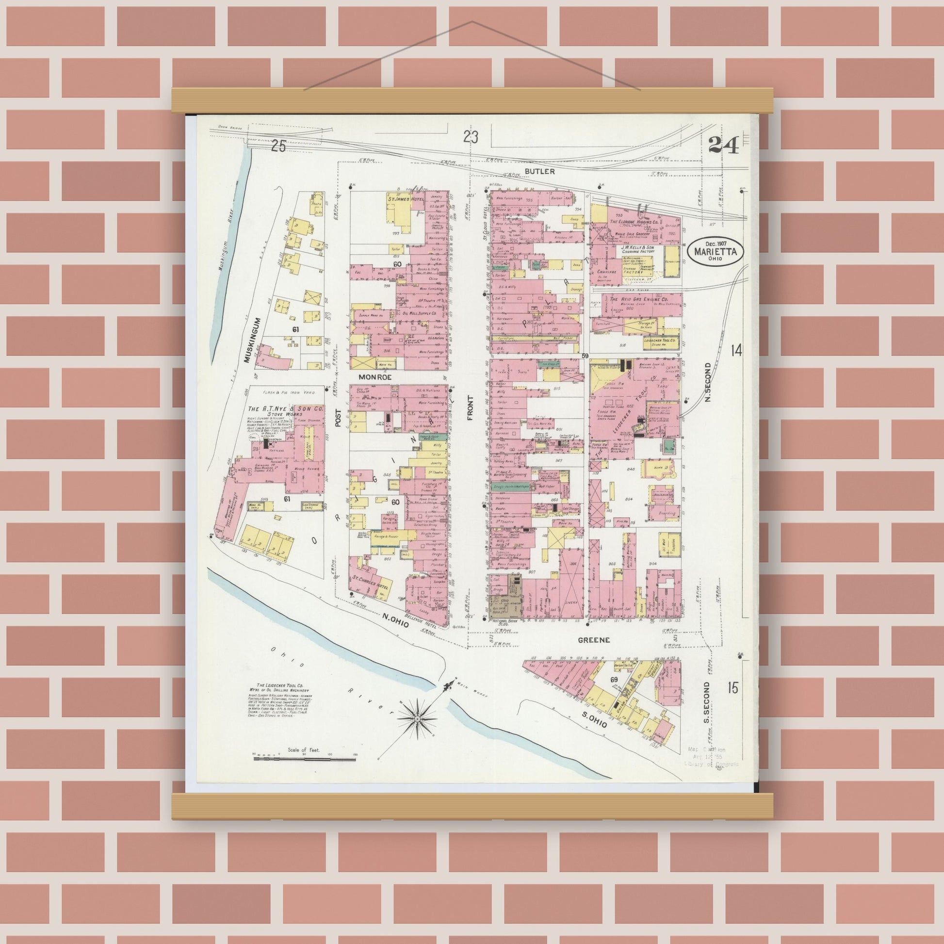 Old map wall art mockup — magnetic wood frame on brick wall — Sanborn Fire Insurance Map from Marietta, Washington County, Ohio (1907), Sheet #0024