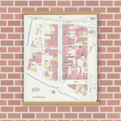 Old map wall art mockup — magnetic wood frame on brick wall — Sanborn Fire Insurance Map from Marietta, Washington County, Ohio (1907), Sheet #0024