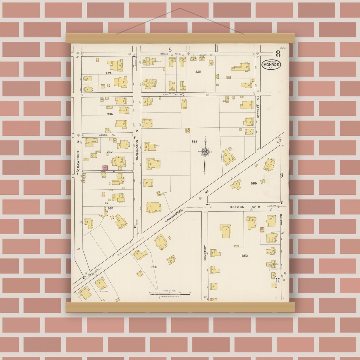 Old map wall art mockup — magnetic wood frame on brick wall — Sanborn Fire Insurance Map from Monroe, Union County, North Carolina (1922), Sheet #0008