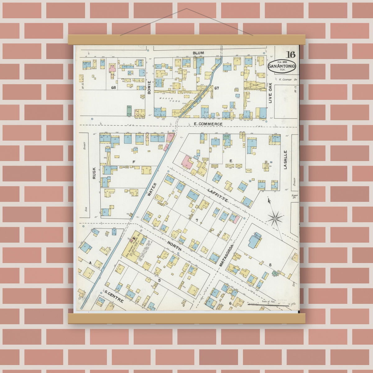 Old map wall art mockup — magnetic wood frame on brick wall — Sanborn Fire Insurance Map from San Antonio, Bexar County, Texas (1892), Sheet #0016