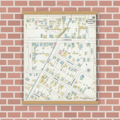 Old map wall art mockup — magnetic wood frame on brick wall — Sanborn Fire Insurance Map from San Antonio, Bexar County, Texas (1892), Sheet #0016
