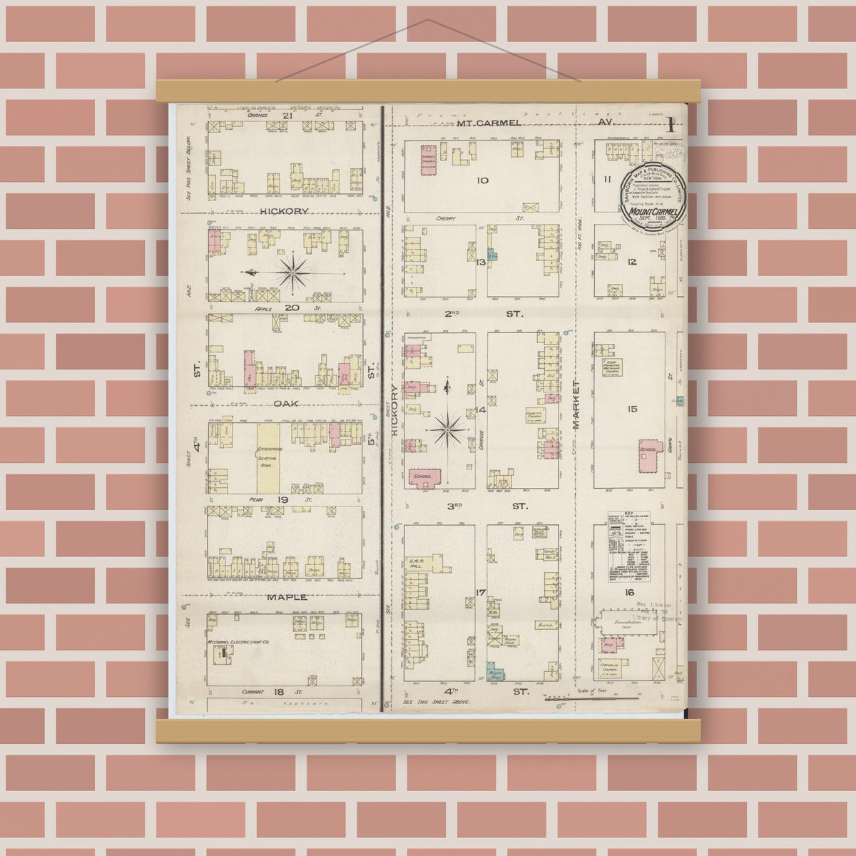Old map wall art mockup — magnetic wood frame on brick wall — Sanborn Fire Insurance Map from Mount Carmel, Northumberland County, Pennsylvania (1885), Sheet #0001