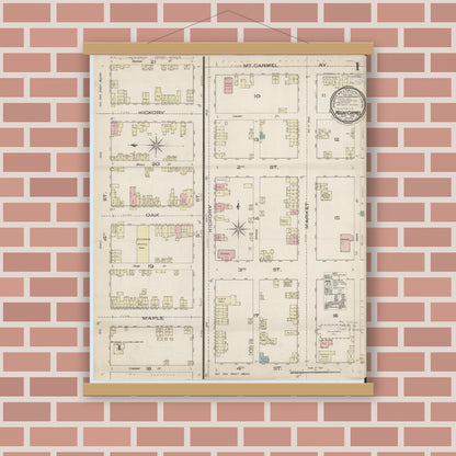 Old map wall art mockup — magnetic wood frame on brick wall — Sanborn Fire Insurance Map from Mount Carmel, Northumberland County, Pennsylvania (1885), Sheet #0001