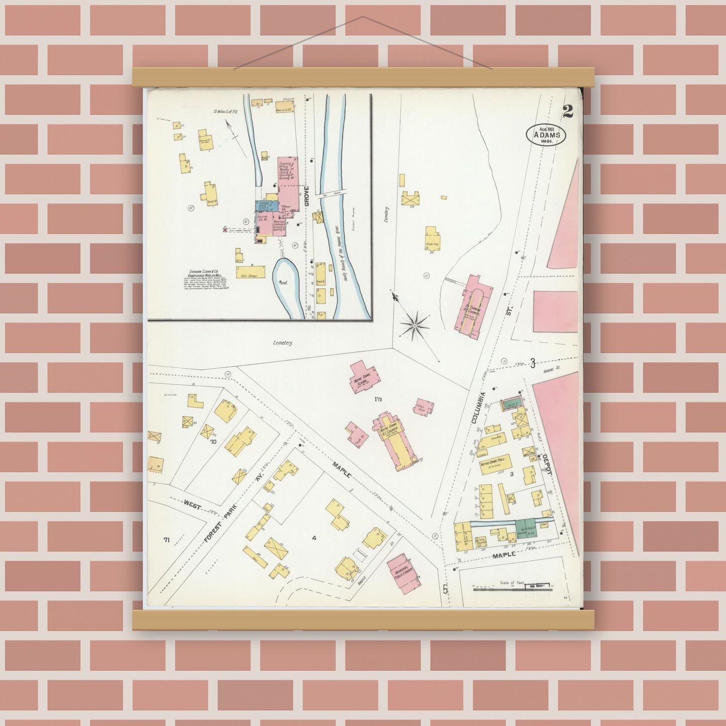 Old map wall art mockup — magnetic wood frame on brick wall — Sanborn Fire Insurance Map from Adams, Berkshire County, Massachusetts (1901), Sheet #0002