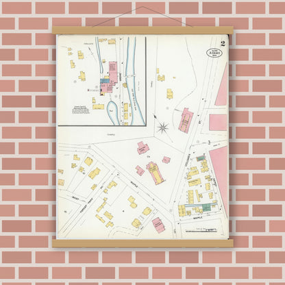 Old map wall art mockup — magnetic wood frame on brick wall — Sanborn Fire Insurance Map from Adams, Berkshire County, Massachusetts (1901), Sheet #0002