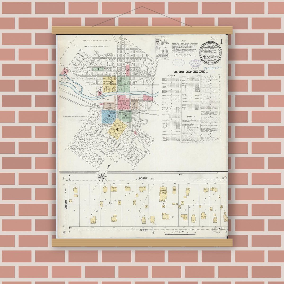 Old map wall art mockup — magnetic wood frame on brick wall — Sanborn Fire Insurance Map from Belvidere, Boone County, Illinois (1897), Sheet #0001
