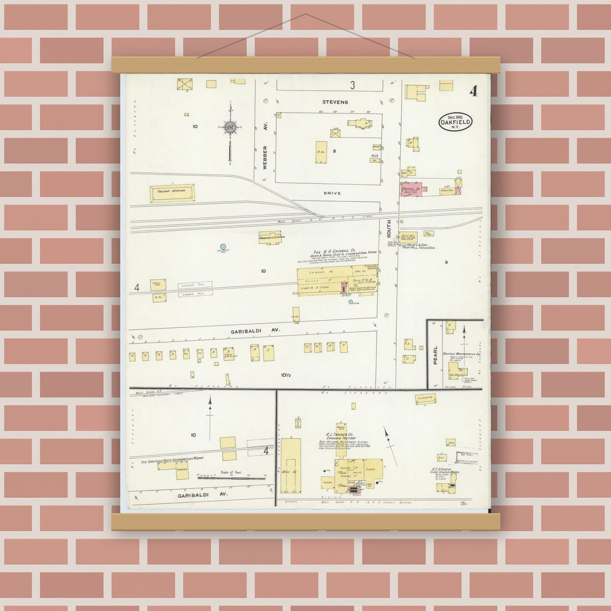 Old map wall art mockup — magnetic wood frame on brick wall — Sanborn Fire Insurance Map from Oakfield, Genesee County, New York (1910), Sheet #0004
