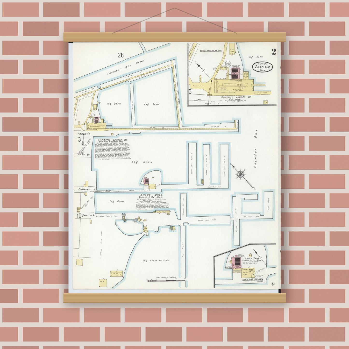 Old map wall art mockup — magnetic wood frame on brick wall — Sanborn Fire Insurance Map from Alpena, Alpena County, Michigan (1910), Sheet #0002